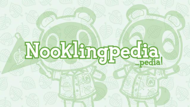 Text logo for "Nooklingpedia", with "...pedia!" repeating at the end in the style of Timmy and Tommy's dialogue. The background has light green silhouettes of Timmy and Tommy.