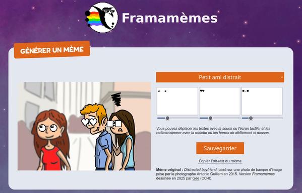 Une copie d'écran de Famamèmes; l'utilisateur à entrer dans les champs pour personnaliser les textes de l'images des dingbats UTF8 , puis les à positionné sur les yeux des personnages, pour faire des yeux manga, des yeux cœurs, et des lunettes de soleils.
