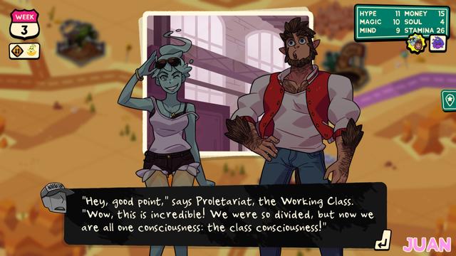 A ghost of a young woman dressed in a top and jeans shorts, winking playfully. A werewolf in almost a human form dressed in a jacked and a jeans looking amazed. Both of them are inside a factory building with brick walls and large windows. There is the following narrative text: "Hey, good point," says Proletariat, the Working Class. "Wow, this in incredible! We were so divided, but now we are all one consciousness: the class consciousness!