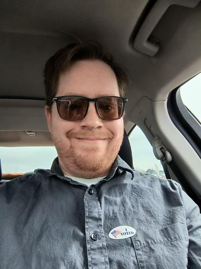 A selfie of myself with an "I Voted" sticker on my shift after I cast my ballot in Wisconsin's spring elections on April 1, 2025.