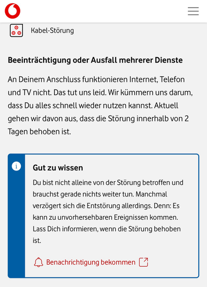 Ausfallbestätigung und Reparaturzeit Angabe >2 Tage