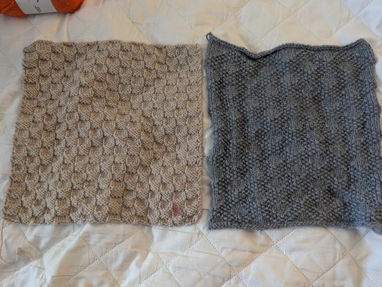Two knitted squares of differing textures. The left one is beige in color with an alternating raised square texture, the right gray with raised bumps in a repeating diamond pattern.