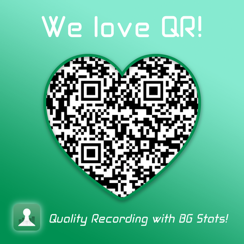 Picture with a light to dark green background.
Text at the top: We love QR
A QR code in the shape of a heart. 
Text at the bottom: Quality Recording with BG Stats