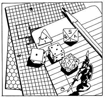 Line art from an old Dungeons & Dragons rulebook showing game prep materials: graph and hex paper, a pencil, a fighter figure, and some polyhedral dice.