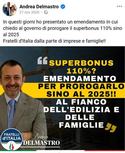 "In questi giorni ho presentato un emendamento in cui chiedo al governo di prorogare il superbonus 110% sino al 2025.
Fratelli d'Italia dalla parte di imprese e famiglie!"

(Andrea Delmastro)
