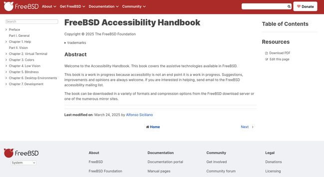 Screenshot of the "FreeBSD Accessibility Handbook" webpage. The page is part of the official FreeBSD documentation site and includes the title, copyright information (© 2025 The FreeBSD Foundation), and an abstract. The abstract welcomes readers and explains that the handbook covers assistive technologies available in FreeBSD. It is described as a work in progress, with suggestions and feedback encouraged. The page also notes that the handbook can be downloaded in various formats from FreeBSD servers. On the left side, a navigation menu lists chapters such as Help, Virtual Terminal, Colors, Low Vision, Blindness, Desktop Environments, and Development.