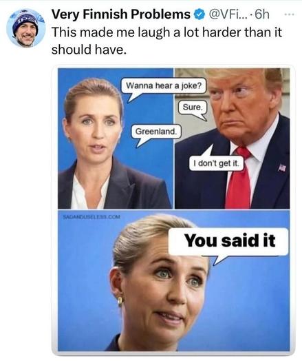 The image is a screenshot of a social media post by Very Finnish Problems (@VFi
...), posted 6 hours ago. The post reads: "This made me laugh a lot harder than it should have." Below the post, there is a three-panel comic strip from sadanduseless.com. In the first panel, a woman asks, "Wanna hear a joke?" In the second panel, Donald Trump responds, "Sure." The woman then says, "GREENLAND," to which Trump replies, "I don’t get it." In the third panel, the woman says, "YOU SAID IT," with a surprised expression.