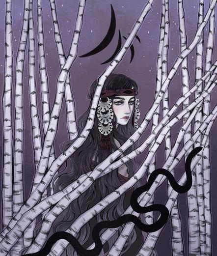 Depiction of a woman with black hair, her face conveying a sense of sadness. She stands behind a group of birch trees at night, with a black snake in the foreground. Above her head, four black crescent moons are visible in the sky.