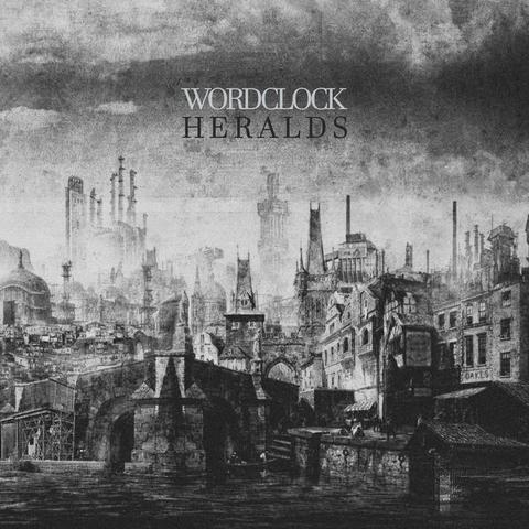 Worldclock Heralds cover artwork. A seemingly drawn image of an old cityscape. Towers, bridges, industry, clouds.