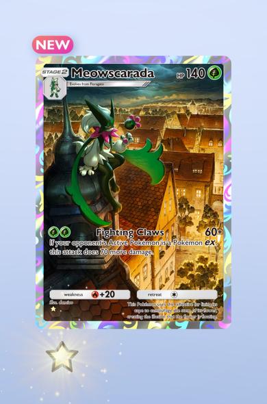Screenshot from the game Pokémon TGG Pocket showing a newly acquired full art Meowscarda card.