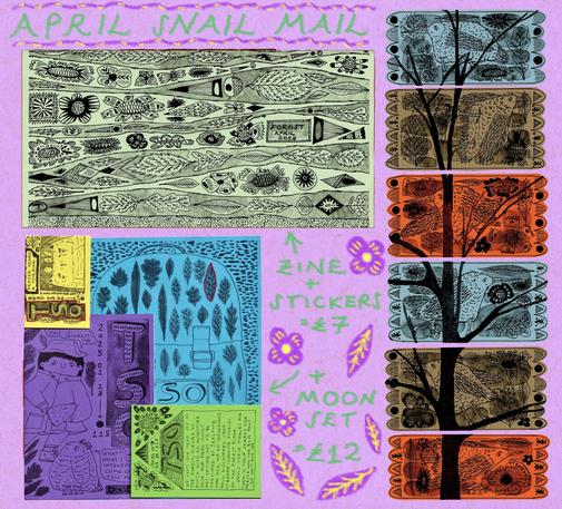 A landscape-folded A5 zine illustrated with leaves and flowers. Then also a set of four zines featuring detective Tso and more leaves and flowers. Then also a set of stickers that each have an illustration of a bird and an ink drawing of a tree flows throughout the stickers.