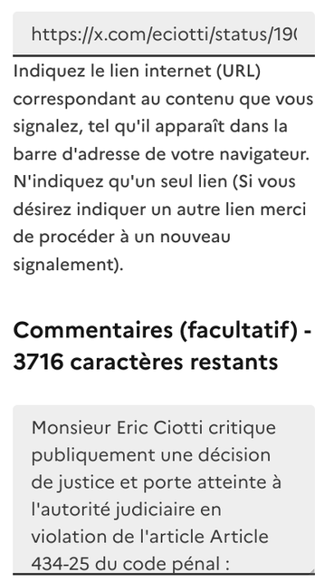 Capture d'écran du site de Pharos : signalement d'un Tweet de Ciotti.