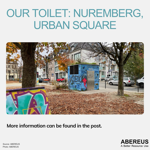 In the middle of the picture, there is a photo of our toilet at an urban Square. The toilet building is sprayed with blue graffiti, there are two autumn trees around it, and there is some graffiti on a board in the front of the picture. Above the picture is the text "Our toilet: Nuremberg, urban square" and below is the logo of ABEREUS.