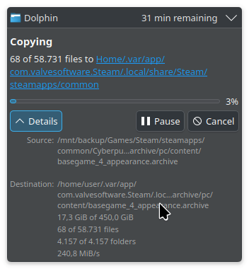 screenshot; KDE Dolphin file manager status window, showing a transfer rate of 240 MB/s (it's fluctuating between 220 and 270 MB/s) i'm pulling from the NAS, spinning platters
