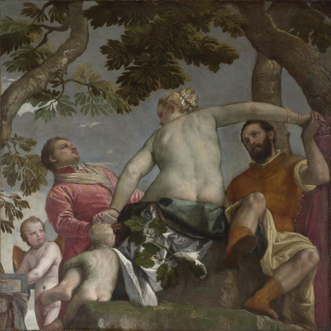 A Mannerist painting. Under a trio of trees, a nude woman sits on a cloth-covered rock, her back turned to us. On either side, a man contentiously holds her hands; while both look at her, she turns to look at the one on the left. Her ankle is held by a nude baby. To the far left, Cupid is looking up at her appraisingly, and seems to be in the process of picking up his bow.