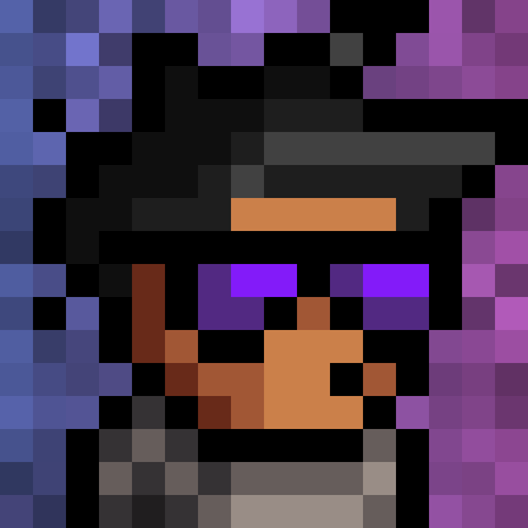 Pixel art avatar with purple glasses.