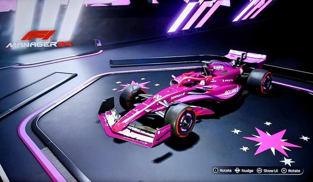 Screenshot from F1 Manager 24 showing a race car in a showroom. The color scheme is dark purple with highlights in darker and lighter shades of purple.
