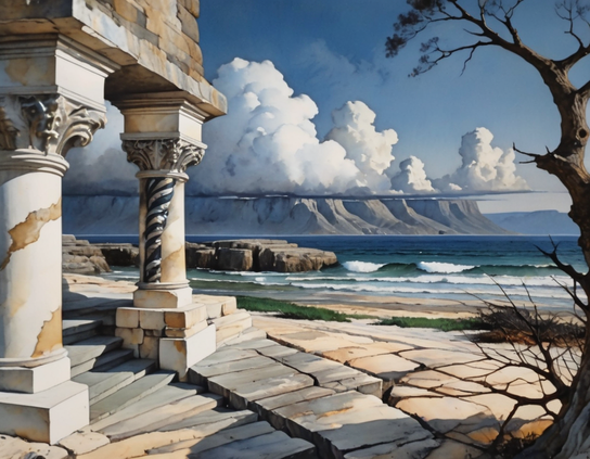 A stone ruin with intact columns, overlooking a dramatic ocean with crashing waves, and towering clouds over a distant plateau.