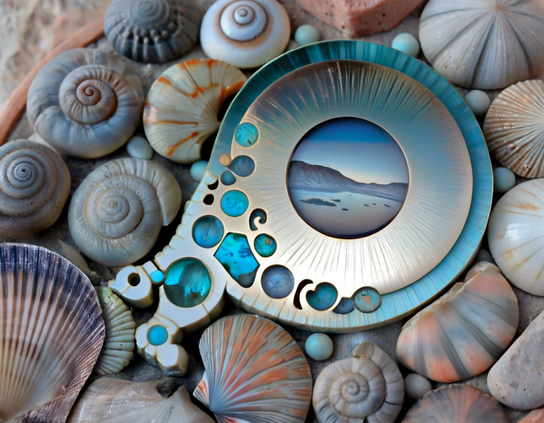 Futuristic portal key, with inlaid blue stones and a preview of the destination landscape, among spiral shells and beach finds in muted colors.