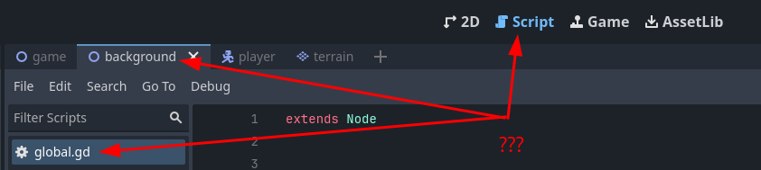 Screenshot of Godot showing the Script screen with both the Background scene tab active and the global.gd script active.