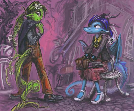 serious anthropomorphic plant and lizard people
