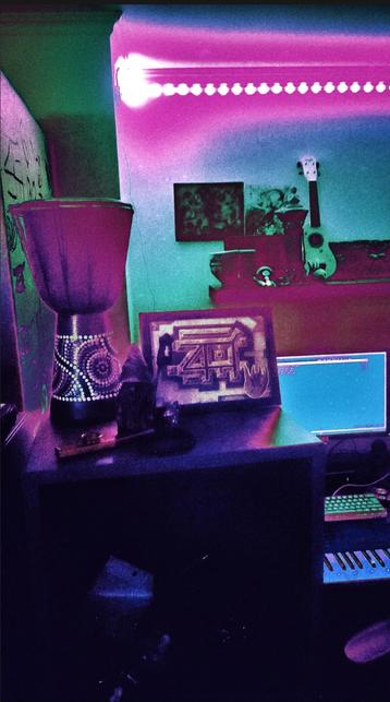 A green and purple picture with a framed zoey logo surrounded by a drum, a gnome wizard and a ukulele