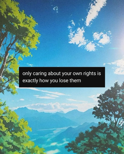 From a distance you can see a mountain landscape with a blue sky and a few hazy clouds. on the sides of the picture you can see parts of trees. On the left in light green, on the right a smaller dark green tree further away. in the center is a black box on which is written in white “Only caring about your own right is exactly how you lose them”.
