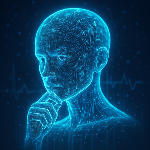 Künstlerische Darstellung einer Künstlichen Intelligenz in Form eines Hologramms, das in Blautönen gehalten ist.