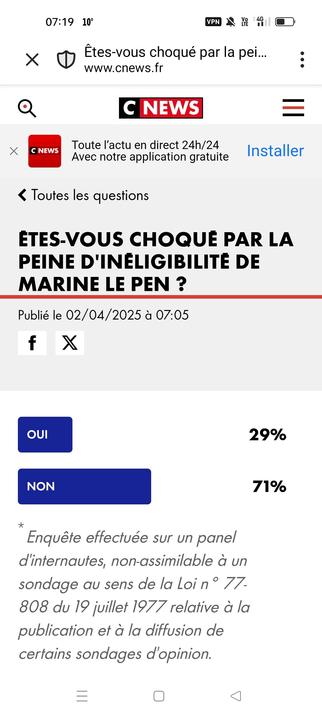 Sondage de CNews demandant : "Êtes-vous choqué par la peine d'inéligibilité de Marine Le Pen ?"
29% de Oui ; 71% de Non
