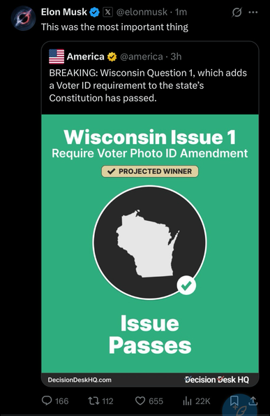 Musk posts “this was the most important thing” referring to the Wisconsin Voter ID requirement on the ballot