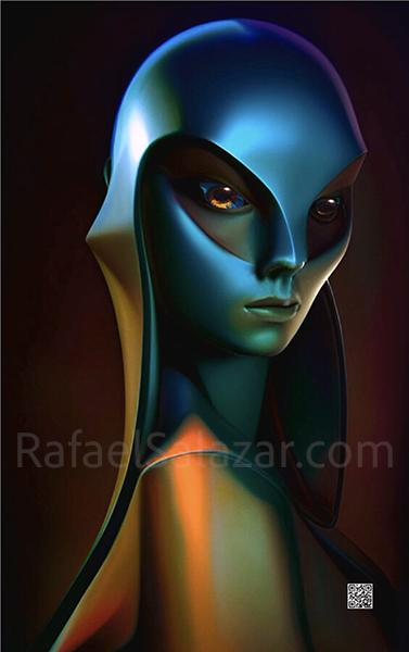 Humanoid female robot wearing green with brown life like eyes, nose and lips, face turned backwards by artist Rafael Salazar at RafaelSalazar.com Artwork signed with QR Code of RafaelSalazar.com