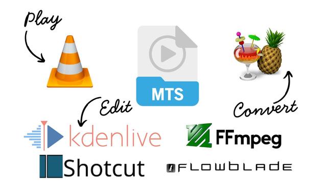 The MTS, VLC, Handbrake, Kdenlive, FFmpeg, Shortcut, and Flowblade logos on a white background.