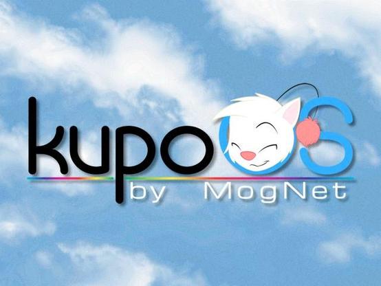 Digital color pic. Text reads "Kupo O S by Mog Net" with the head of a moogle sitting in the "O" of O S. The text is split - the "Kupo" section is in a black lowercase geometric font called Kaat. The "S" in O S is in a sky blue. The top part is underlined by a rainbow gradient rounded line. under that is "By Mog Net" in white using the Michroma font. This whole the whole piece has a slight drop shadow and sits on the cloud background from Microsoft's Windows 95 and 98 boost screens. As an added touch, there is a layer of noise over the image to match those original screens.