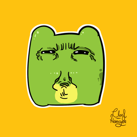 Froggelio con la cara toda arrugadita y los ojos chiquitos intentando enfocar con la vista.