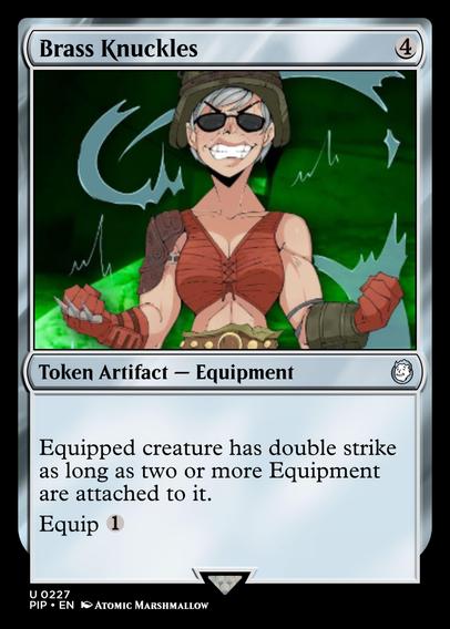 A proxy token copy of the Magic: the Gathering card Brass Knuckles, with art of Agatha Fisty by Atomic Marshmallow