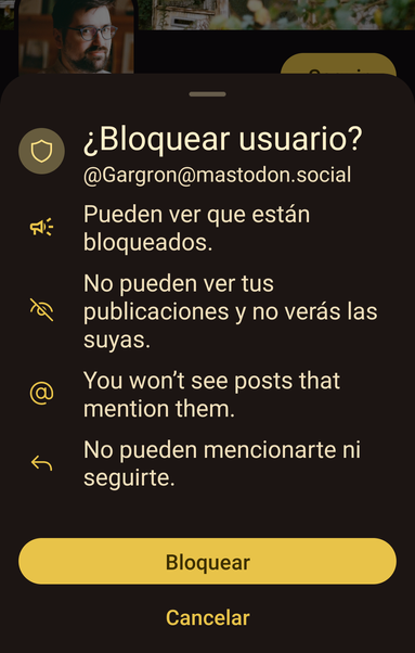 Diálogo previo que te aparece si bloqueas un user en el que re pregunta si quieres realmente bloquearlo y las consecuencias de hacerlo. Al bloquear una instancia no te sale ningún diálogo o mensaje previo a la acción.