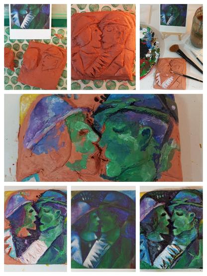 Die Fotocollage aus sieben Fotos zeigt den Fortschritt bei der Fertigung einer halbplastischen Hommage an Chagalls Liebende in Grün aus Keramikmasse und deren abschließende Bemalung. Zum Vergleich wird im unteren Bild-Drittel das Original von Chagall noch einmal neben meine plastische Version gestellt.