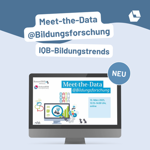 Darstellung eines Bildschirms mit Titelfolie der Veranstaltung; Text über Grafik: Meet-the-Data @Bildungsforschung: IQB-Bildungstrends