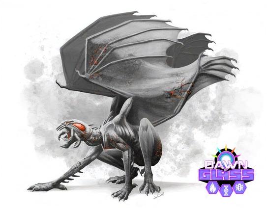 Ein Monster mit Flügeln und grob humanoider Form. Sein Kopf ist insektenartig mit mehreren Zahnreihen und Mandibeln. Es ist haarlos und seine Haut sieht aus als würde sie von innen heraus zu Asche werden. Das Bild ist in Graustufen gehalten und nur die Facettenaugen und das durchbrechende Glühen unter der Haut sind orange.