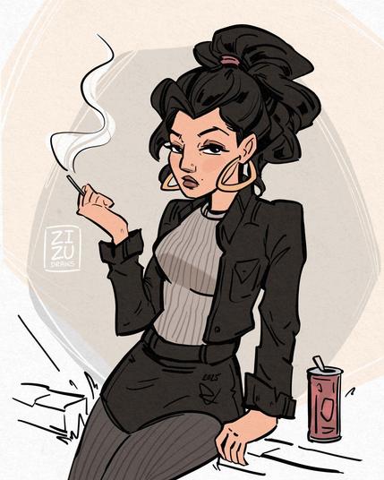 Pretty, long-haired, grumply young lady sitting and smoking on the street, wearing mostly black, illustrated by zizudraws