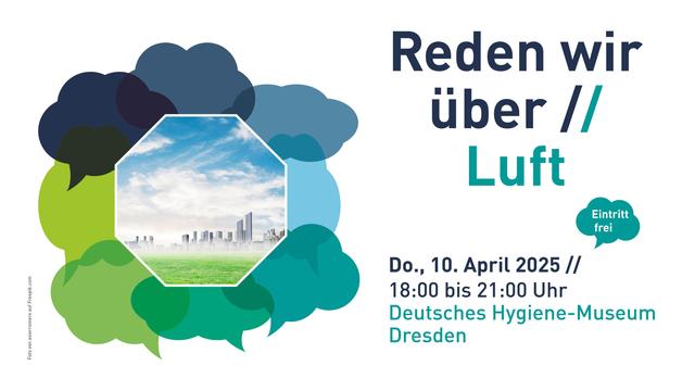 Banner zur Veranstaltung "Reden wir über Luft" vom Deutschen Hygiene-Museum Dresden und der Forschungsallianz DRESDEN-concept. In der Grafik ist ein achteckiges Symbolbild zum Thema Luft mit einer Großstadt, darüber Wolken und blauer Himmel, zu sehen. Um das Symbolbild herum stehen mehrere Sprechblasen, die zum Ausdruck bringen, dass es sich bei der Veranstaltung um ein Publikumsgespräch handelt.