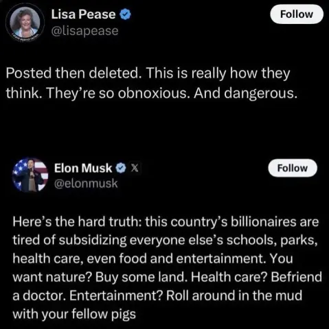 Here's the hard truth:  this country's billionaires are tired of subsidizing everyone else's schools, parks, health care, even food and entertainment.  You want nature?  Buy some land.  Health care?  Befriend a doctor.  Entertainment?  Roll around in the mud with your fellow pigs.
~ Elon Musk