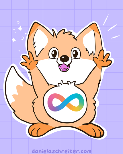 Comic Illustration: Ein süßer kleiner Fuchs mit dem regenbogenfarbenen Autismus Spektrum Unendlichkeitssymbol auf dem Bauch.