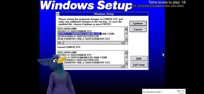Screenshot from a Twitch stream, a 3D vtuber bird avatar is in front of a Windows Setup/Installation screen comparing changes to be made to CONFIG.SYS and the original file.

There’s also a counter for number of Tetris levels to play and current background song playing from zircon at top right. A Twitch follower goal for playing through Myst can be seen at the bottom right.