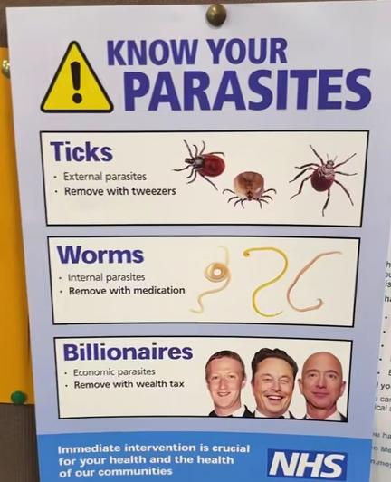 A fake NHS poster titled "Know your parasites". It features three photos, the top one shows ticks and is labelled "Ticks: external parasites, remove with tweezers". The second one shows tapeworms and is labelled "Worms: internal parasites, remove with medication". The third one shows a photo of Jeff Bezos, Mark Zuckerberg and Elon Musk and is labelled "Billionaires: economic parasites, remove with wealth tax"