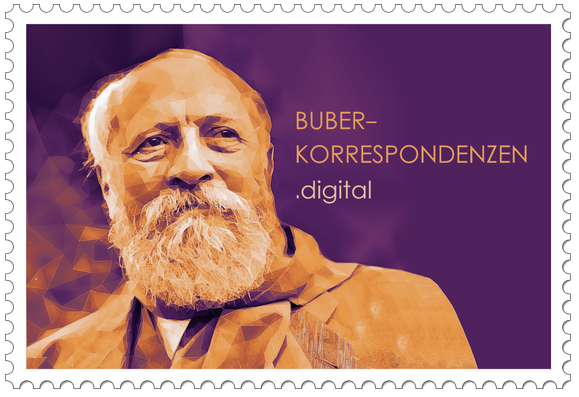 Projekt-Logo in Form einer Briefmarke. Darauf zu sehen sind Martin Buber und der Schriftzug "Buber-Korrespondenzen Digital" in Orange auf violettem Hintergrund.