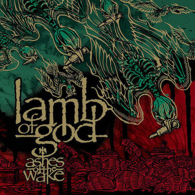 Musical album from the band 'Lamb of God' depicting bird skeletons colored in teal and gold on a red background. The title 'Ashes of the Wake' sits below the name of the band.