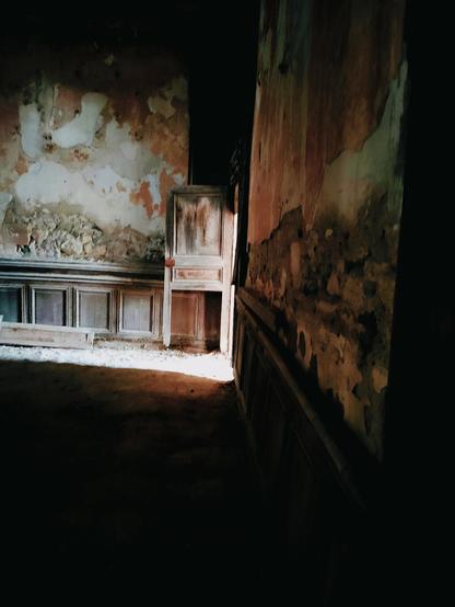 Dans un clair obscur très puissant, l'angle d'une pièce aux murs délabrés dans les tons verts et ocres. Une porte est appuyée contre le mur. Il manque la partie basse. Une luminosité très forte parvient de son emplacement initial.