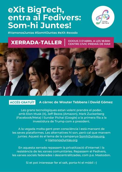 Xerrada-taller de l'AFA de l'escola Mar Nova a Premià de Mar titulat: "eXit BigTech, entra el Fedivers: Som-hi Juntes!"

A càrrec d'en Wouter Tebbens i en David Gómez.