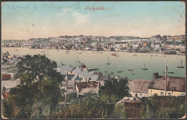 Printed colour postcard showing a view of Falmouth in Cornwall, seen from Flushing.

Published by Blum & Degen, London, not numbered.

Postally used on 6 September 1907 with double circle Falmouth cancellation on green halfpenny stamp and sent to Miss Richards, c/o Mr Kendal, Draper, Market Square, Camborne.

Fairly good condition, with some corner wear, slightly floppy to top right corner.